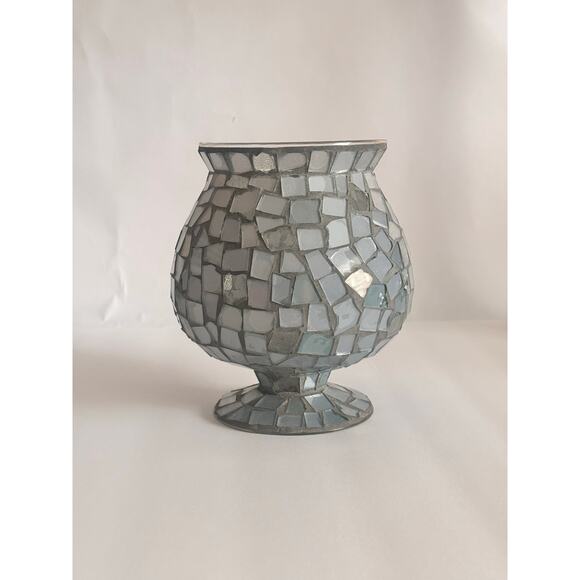 Vintage Mosaic Glass Pedestal Vase CandleHolder 8” tall Silvery Gray - Picture 5 of 7